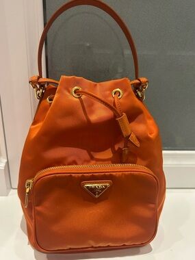 Prada Orange Nylon Mini Drawstring Bucket Bag